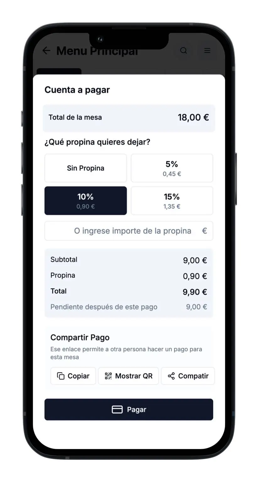 Propinas y
                          compartir pago